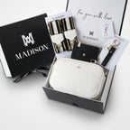 Monica 5 Piece Giftbox - Crossbody Bag, Stripe Metallic Bag Strap, Cardholder, Keychain & Personalisation Charm